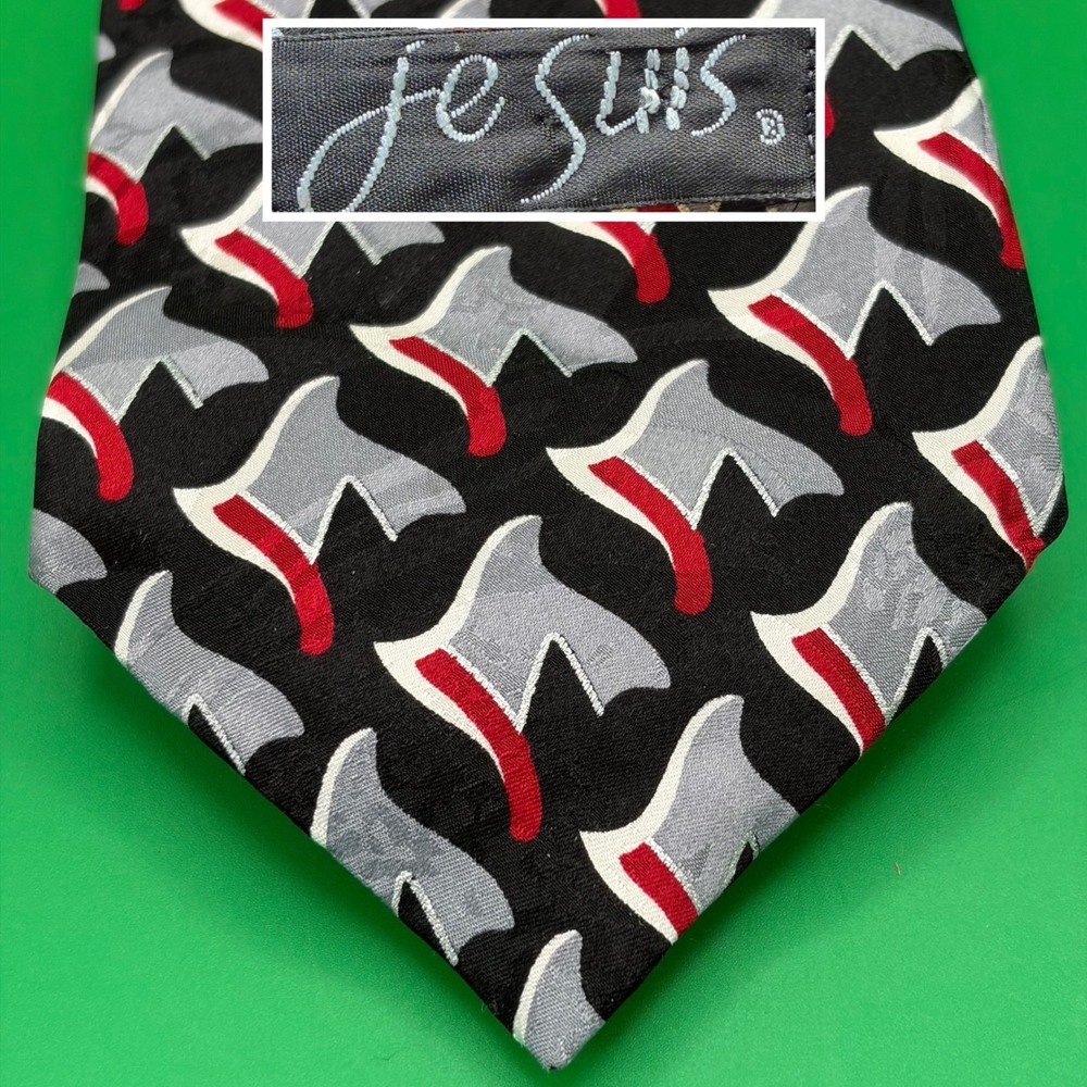 VTG 90s Je Suis 100% Silk Necktie Mens Black/Red Abstract Geometric Tie USA Made